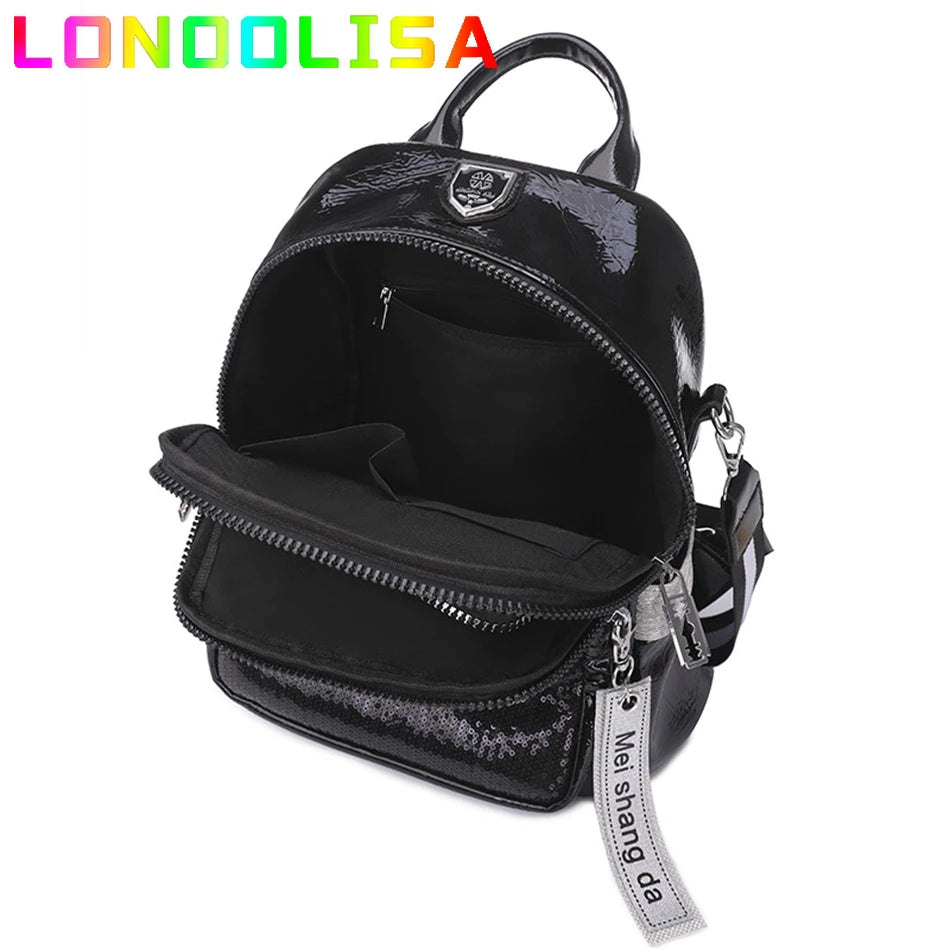 LONOOLISA Women Large Black-White Faux Leather Letter Sequins Logo On Front Design Built-In Laptop Compartment Polyester Lining Shoulder Straps-Handle External Pockets Double Zippers Backpacks/Interior Slit Pocket/Interior Zipper Pocket