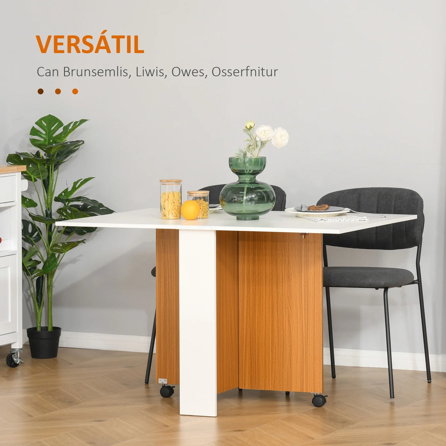 HOMCOM Kitchen Modern Free-Standing Multifunctional Shelves Folding Roll-Out Tray White Embossed Wood Top Brown Solid Particle Board Sides Base Dining Tables/Assemble Required/Storage Options/2-Locking Black Plastic Wheels