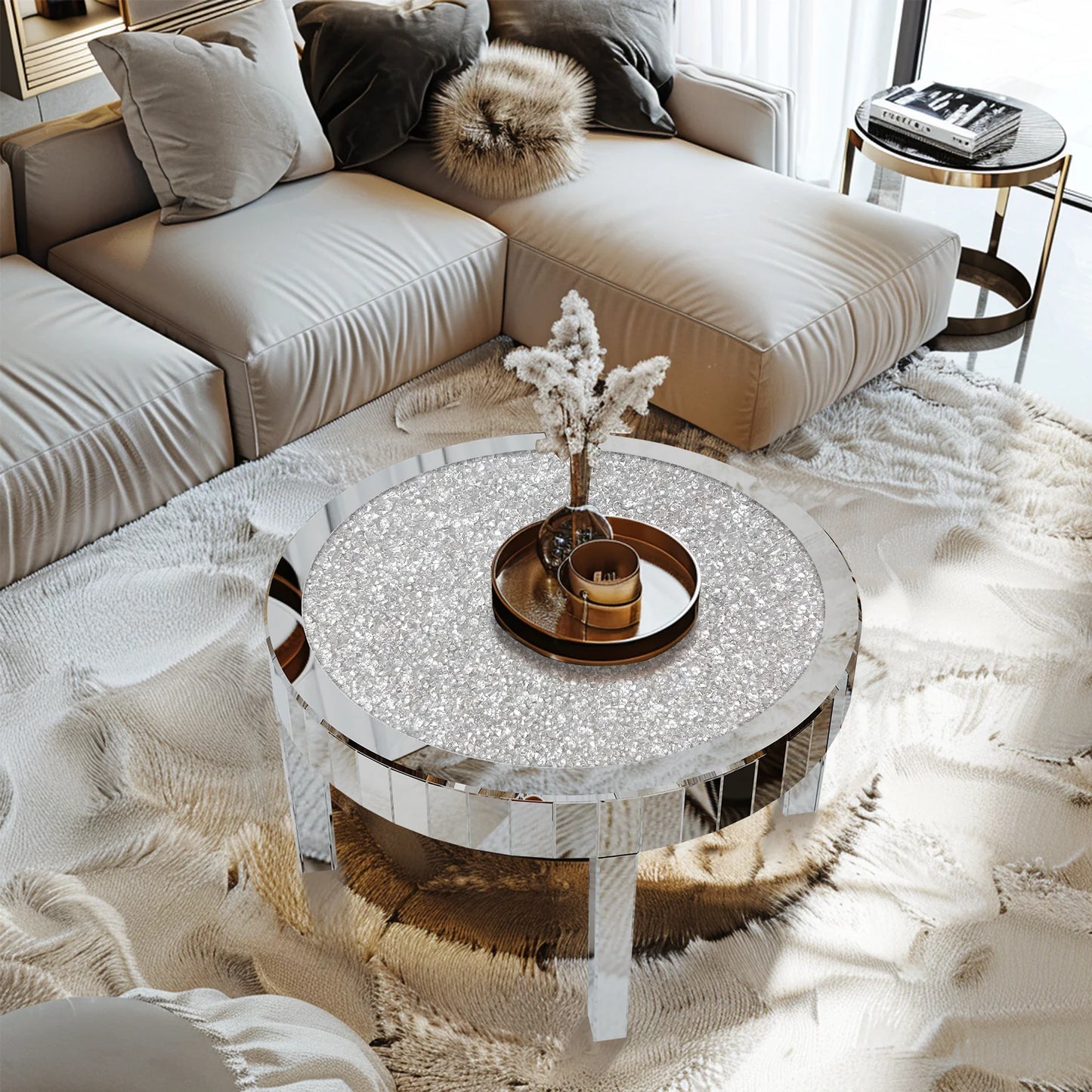 Wisfor Silver Round Copper-Free Mirrored Flat Glass Diamond Inlay Top MDF Board Coffee Tables/Net Weight: 19.95kg/ 43.98 lbs/Weight Capacity: 50kg/ 110.23 lbs/Dimension: L x H 80x46.5cm/ 31.5x18.3 inch