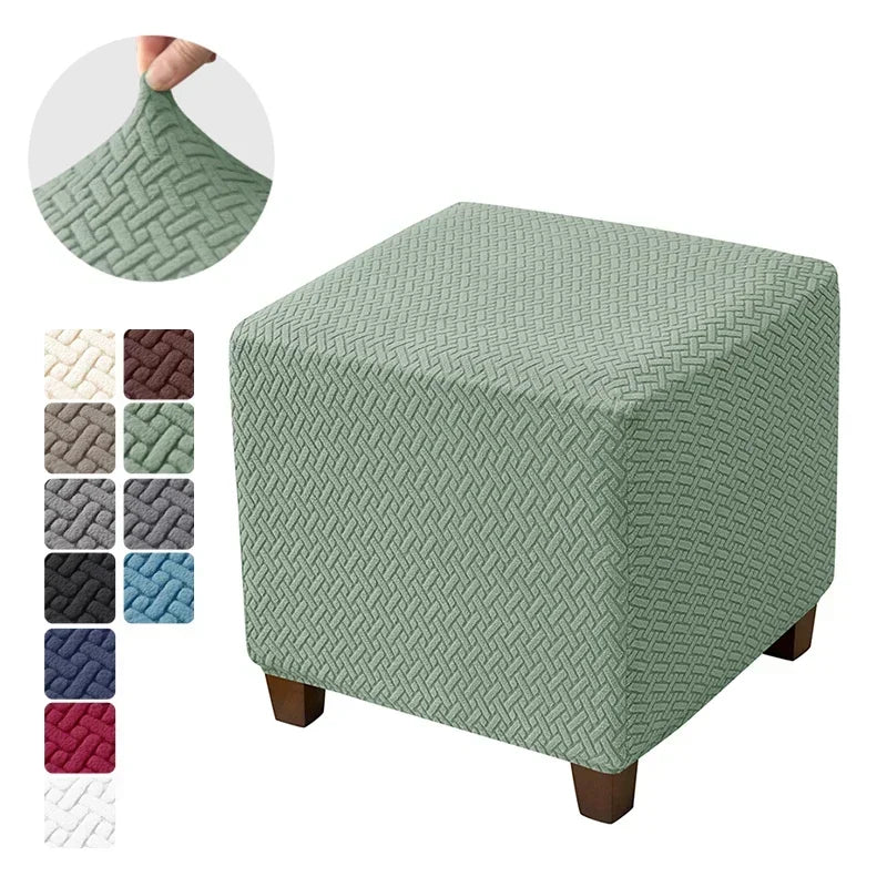 Solid Color Velvet-Spandex Jacquard Square Ottoman Elastic Stretch Footrest Slipcovers/Colors-Gray/White/Beige/Black/Blue/Green