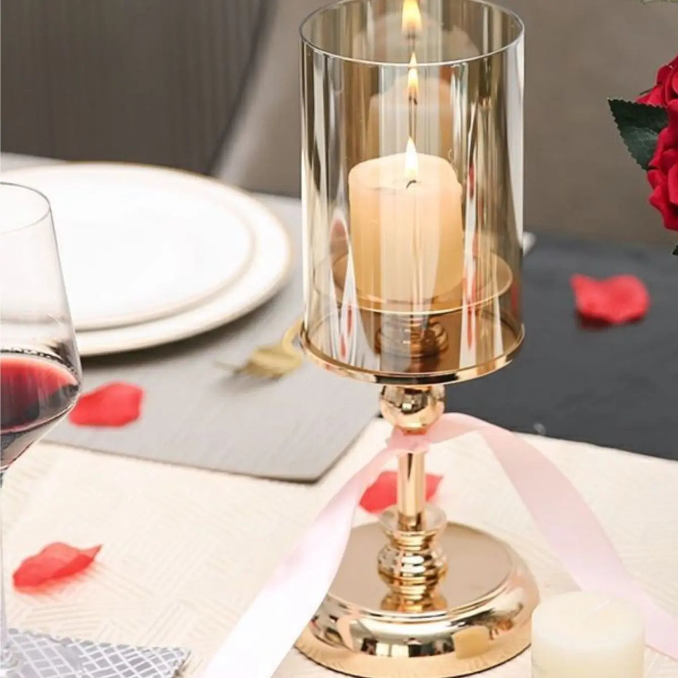 Traditional Chinese Gold Glass Column-Ball Pillar Matching Cup Candleholders/Sizes: S-M-L