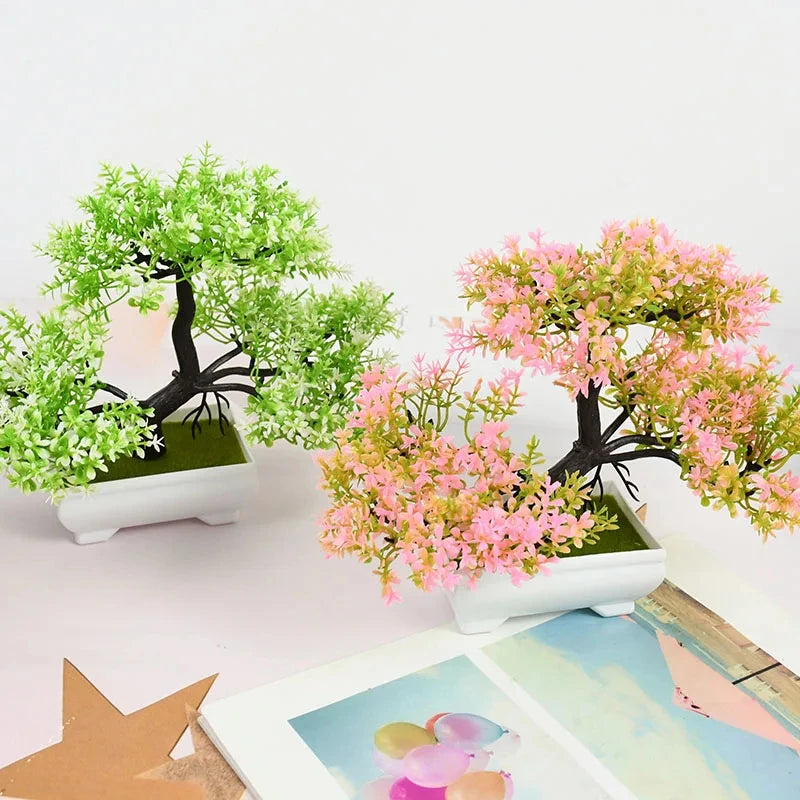 Artificial Small Bonsai Plastic Non-Flowering Plant-Rectangle Flower Pot/Colors-Floral/Green/Black/Pink