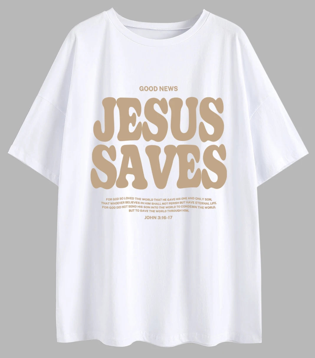 Women's Oversized Short Sleeves Ruffles O-Neck Good News Jesus Saves ( John 3: 16-17 Bible Verse) T-Shirts/Sizes: S-2XL/Colors-Brown/Gray/Green/Beige/Black/White