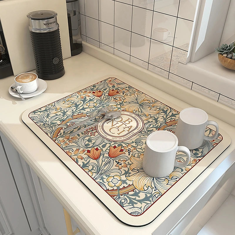 Anti-slip 100% Polyester Floral Kitchen Drainer Pads/Sizes: S/M/L/XL