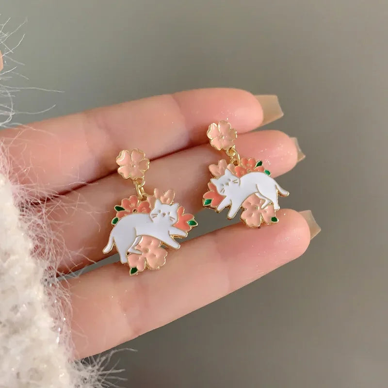 Women-Teen Girls Metal Long Tassel Asymmetrical Enamel Needle Cute Cartoon Cats Coffee-Teacup Dangle Drop Fine Imitation Earrings/Colors-Green/Multicolor/Geometric/Animals