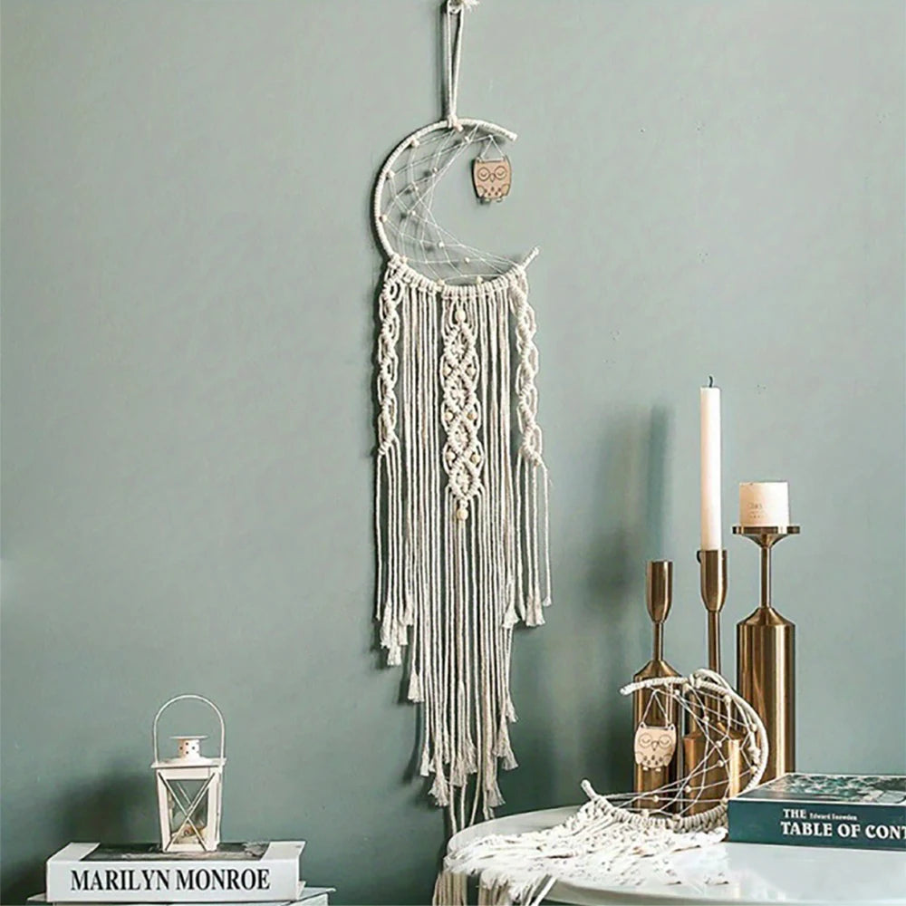 Nordic Bohemian Style Dream Catcher Handwoven Cotton Fabric Star Moon Tasseled Wall Hanging Tapestries/Colors-Beige/White/Multicolor