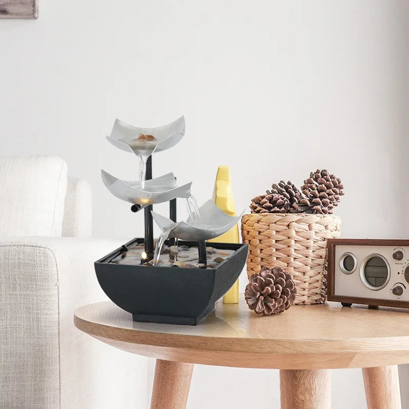 Small Indoor 3-Tiers Metal Silver Squares Pebbles Flowing Water Iron Black Bowl Desktop Fountain