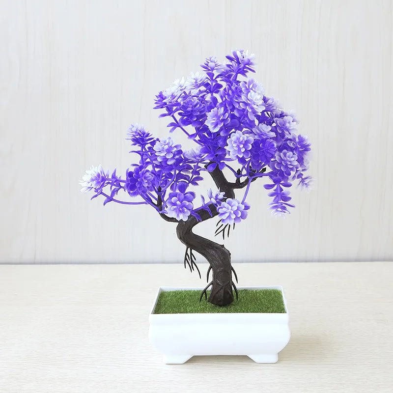 Small Artificial Plastic Non-Flowering Magnoliopsida Bonsai Tree Rectangle Pot/Colors-Orange/Green/Purple/Pink