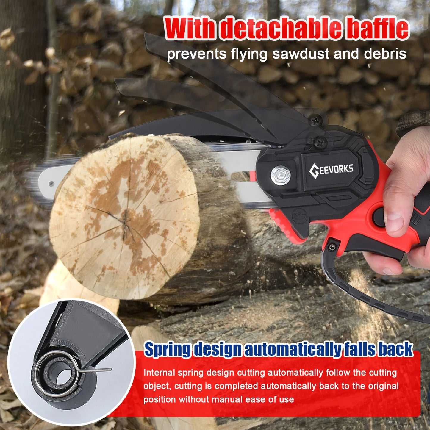 KKMOON Outdoor Plastic Red-Black-Gray Body 6 Inch Chain Wheel Guide Plate Child-Safety Lock Handheld 21V Cordless Lithium Battery-Powered Rechargeable Metal Electric Pruning Chainsaws/2 Lithium Batteries Included