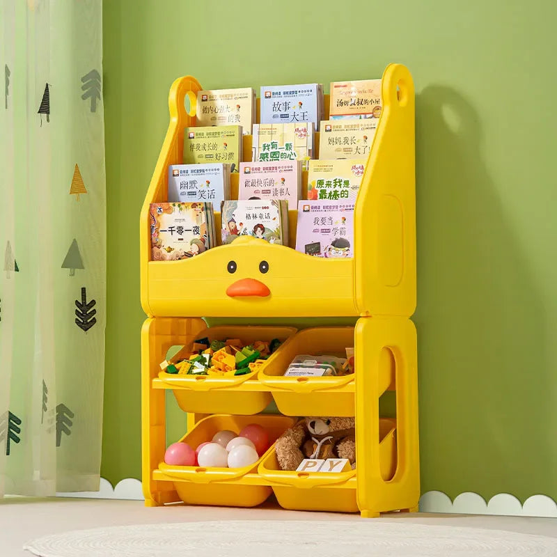 Toddler-Size Yellow Solid Plastic Duck Animal Face Design Free-Standing 4-Deep Storage Shelves-4 Storage Bins Bookshelf