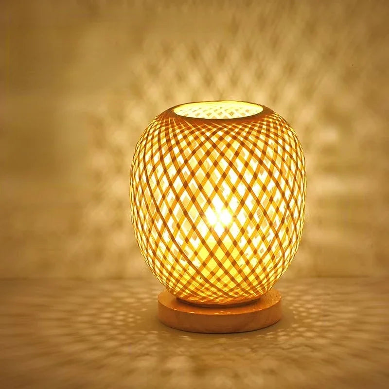 Desktop Bamboo Weaved Handmade Natural Wooden Base Table Lamps/Colors-Brown/Yellow/Beige/22CM Battery Not Included