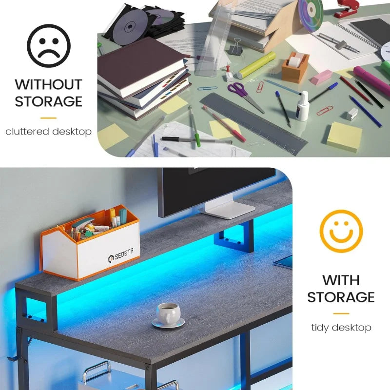 SEDETA L Shaped Customize Office Desks/File Drawers/Recessed LED Power Outlet Strip/3 CPU Stand/Colors-Walnut/white/Black/Gray