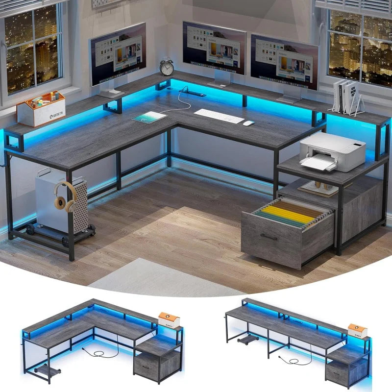 SEDETA L Shaped Customize Office Desks/File Drawers/Recessed LED Power Outlet Strip/3 CPU Stand/Colors-Walnut/white/Black/Gray