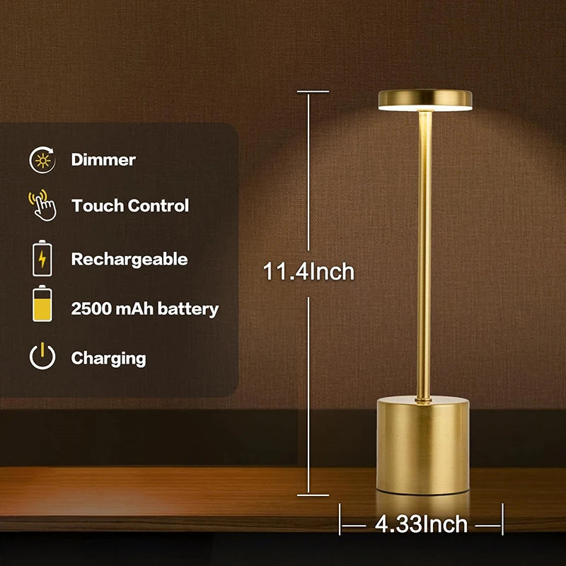 Modern Metal Slim Round Tubular Neck Black-Gold-Sliver Touch Control Battery Powered Three-Color Levels Dimming Desk Lamps/ USB Rechargeable /USB Charging Cord-Included