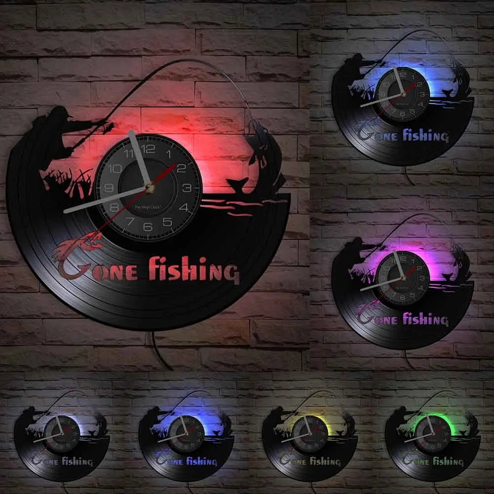Retro Handmade Plastic Vinyl Record Gone Fishing Silhouette Of Fisherman Catching A Fish With Rod-N-Reel Wall Clocks/Battery Not Included/ 1 AA Battery Size/With-Without LED Light/Colors-Black/Geometric
