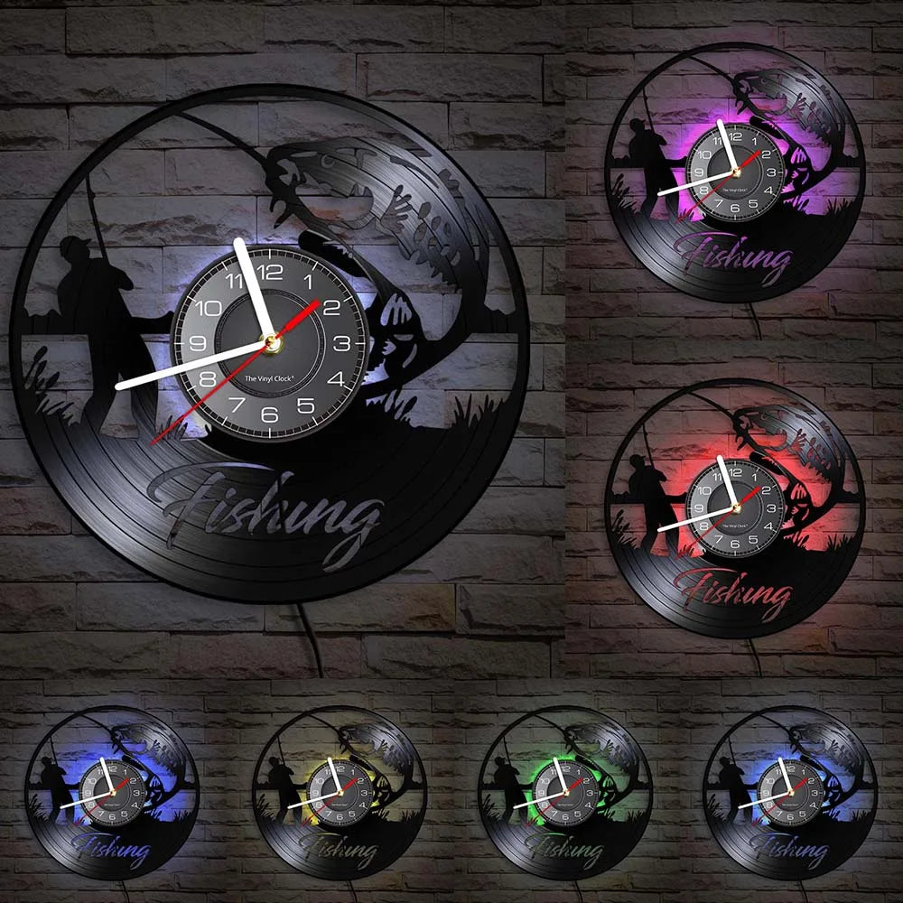 Retro Handmade Plastic Vinyl Record Gone Fishing Silhouette Of Fisherman Catching A Fish With Rod-N-Reel Wall Clocks/Battery Not Included/ 1 AA Battery Size/With-Without LED Light/Colors-Black/Geometric