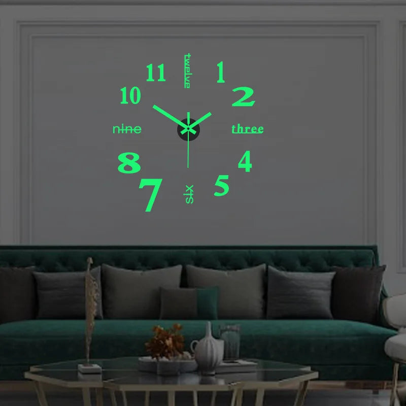 3D ABSTRACT Plastic Luminous Round Face Acrylic Frameless DIY Mute Stickers Quartz Metal Wall Clocks/Colors-Silver/Black/Green