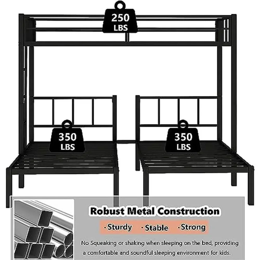DUTRIEUX Kids Black Three Twin Mattress Metal Powder Coated Frame Bunk Beds/ Sturdy Built-In Ladder/Full-Length Upper Safety Guardrails/Detachable Bunk Beds