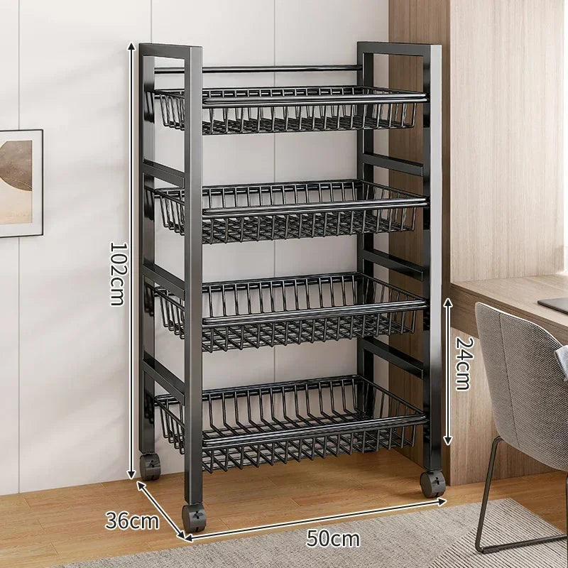 Kitchen Black-Brown Color Adjustable Height Pine Wood-Metal Storage Rack Movable Carts/360° Rotating Wheels