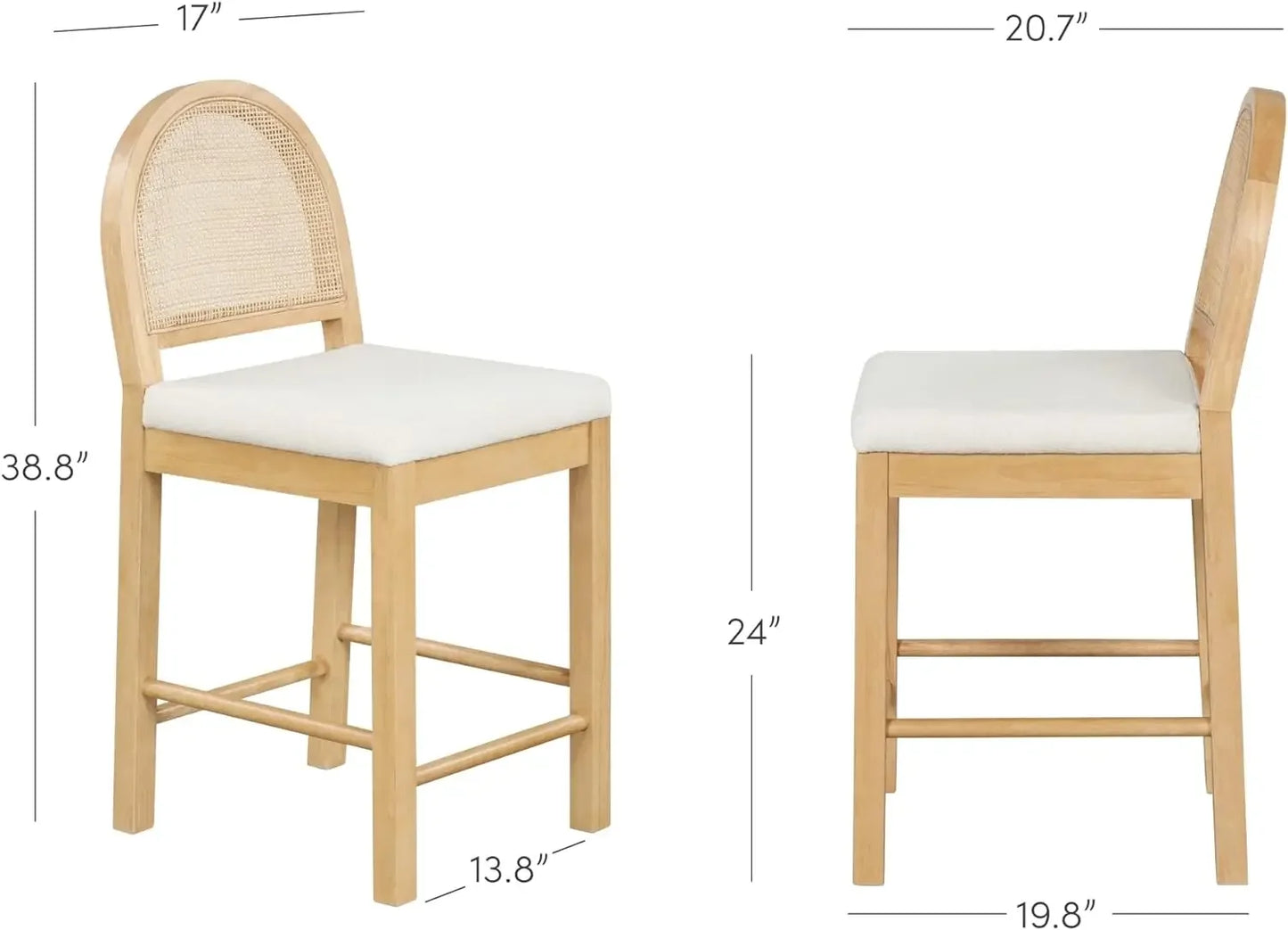 Nathan James Bailey Height Adjustable Rattan Brown Oak Frame Upholstered Boucle Seat Low Woven Mesh Backrest Bar Stools
