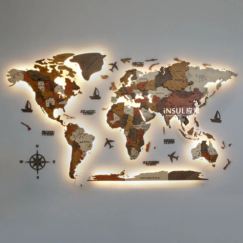 World Light Emitting Map Solid Wood Stereoscopic Wall Decoration/Colors-Brown/Blue/Beige/Black