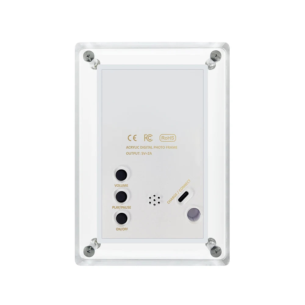 5 Inch Rectangle Acrylic Round Corners ON Screen Display Automatic 360 Rotate Function Video MP3-Playback Digital Zoom Photo Frames/Camera HD Type VGA/100cm USB Cable/White Back Stand/Dust-Proof Cloth/ User Manual/Colors-White/Clear