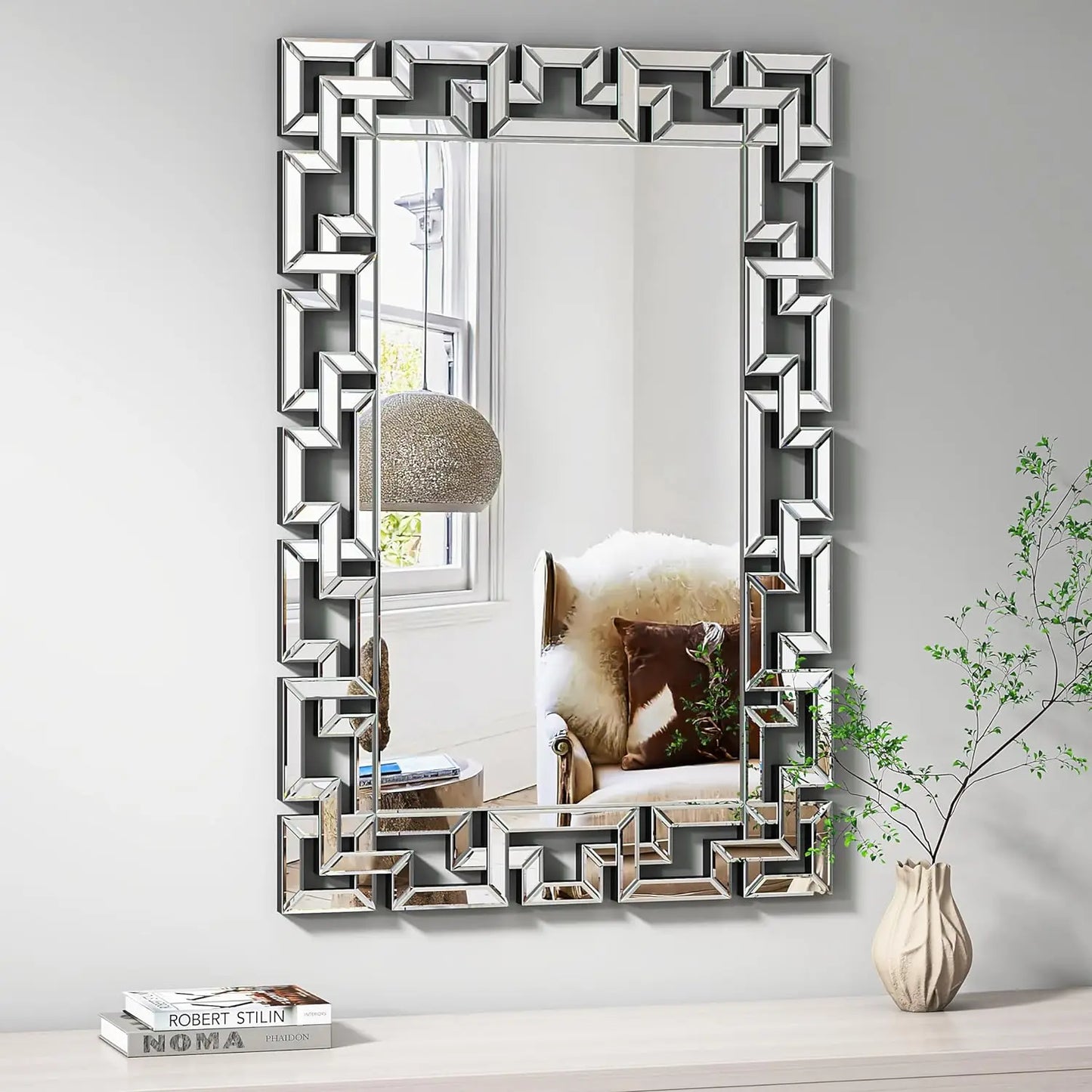 Large Rectangle Silver Modern Glass Geometric Frameless Mirrors/MDF Board Back Panel/Built-In Hooks On Back/Hardware/Dimension: (L x W x H)100x70cm/ 39.4x27.6 inch