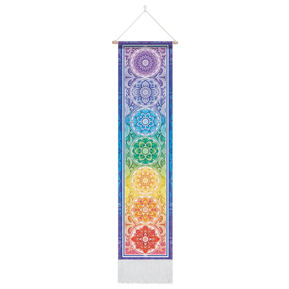 Unisex Rectangle Knitted Cotton-Polyester Blend Printed Soft Fabric 4 Colorful Geometric Chakras Themes Intricated Design Fringed Spiritual Meditation Wall Hanging Tapestries