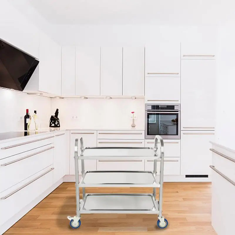Three-Tier Metal Stainless Steel Silver Kitchen Dining Carts/With 4 Wheels