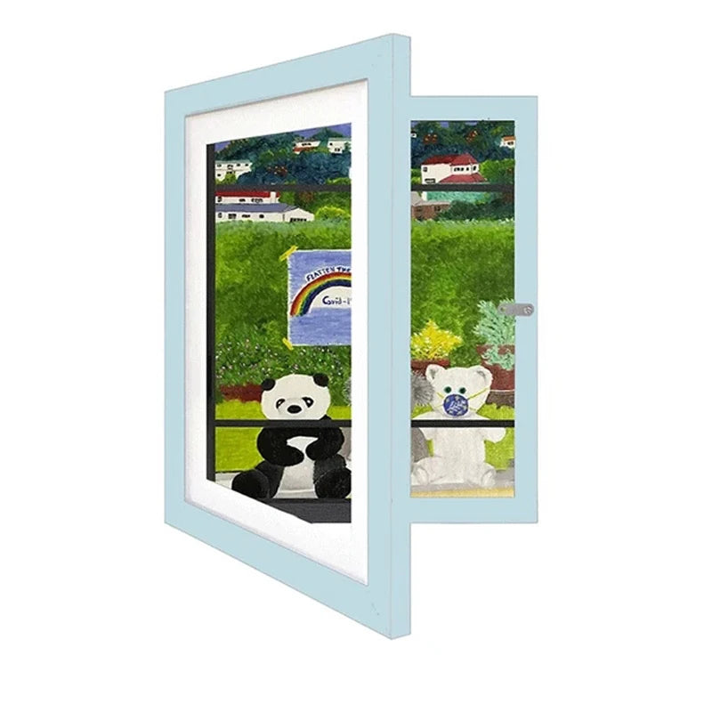 Kids Rectangle Wood Trim Frame Clear Acrylic Magnetic Suction Closure Display A4 Artwork Frames/Colors-Black/Brown/White/Beige/Blue/Elastic Band/Hook