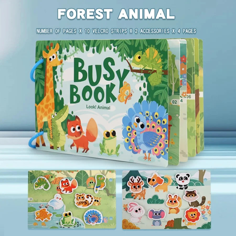Parent-Child Interaction 3 Rings Early Education Cardboard Paper 6 Themes Quiet Busy Book Brain Development Puzzle Sticker Books/Ages: 3-12 Years Old/ Colors-Multicolor/Blue/Animals