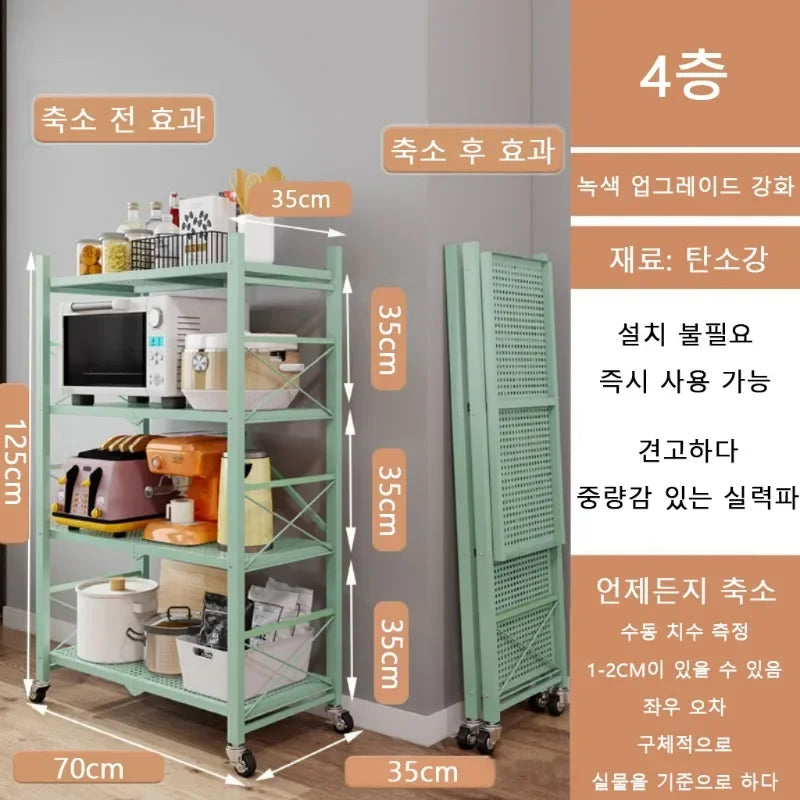Free-Standing Large Kitchen/Living Room Foldable Iron Frame Folding Rack Bookcases/Colors-Green/Black/White/ 2-3-4-5 Layers Shelves