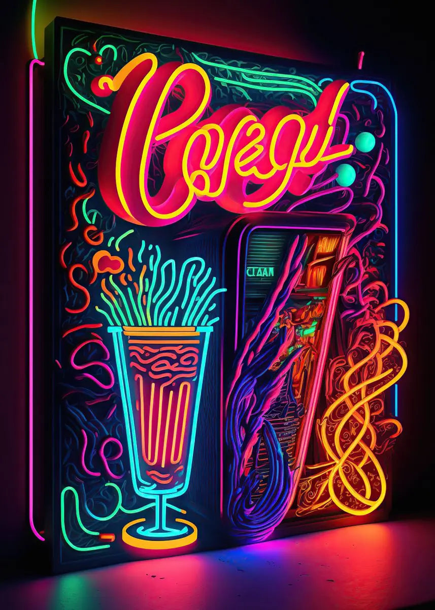 Unframed Modern Cotton Canvas Cartoon Neon Fast Food/Soft Drinks Prints/Colors-White/Blue/Multicolor
