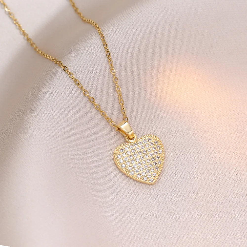 Women-Teen Girls Stainless Steel Metal Gold Plated Copper Zircon Heart Imitation Pendant Necklaces
