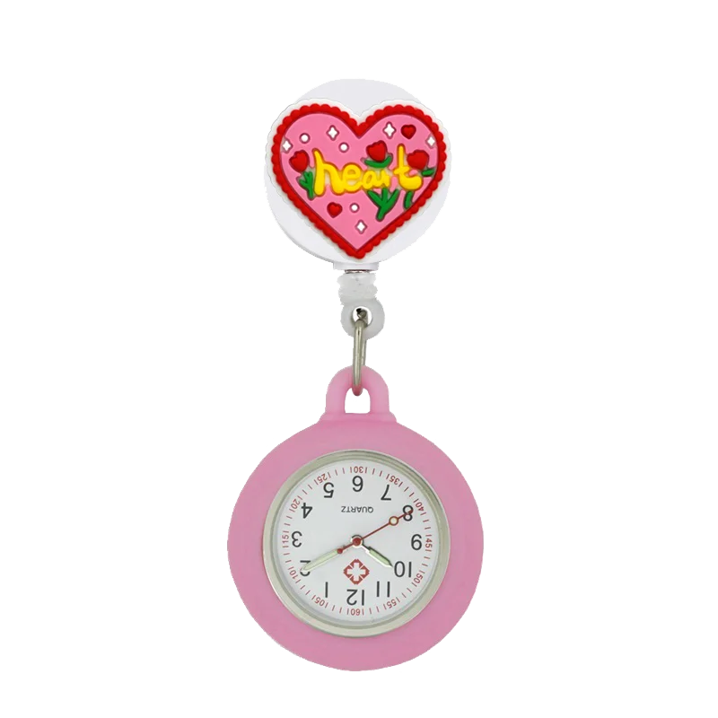 YIJIA Adults Universal Waterproof Metal Quartz Glass Face Analog Display Arabic Numeral Cartoon Cute Heart Nurse-Doctor Clip-On Hanging Lapel Silicone Cover Fob Pocket Watch/Colors-Light Blue/Yellow/Light Pink/White/Neon Pink