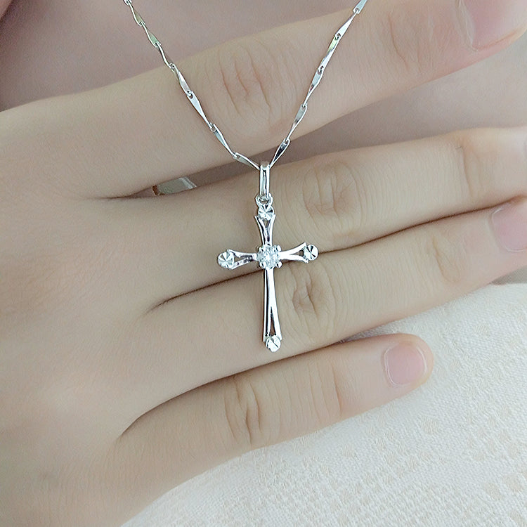 WEIFENG SANDALWOOD Women Unisex Fine Imitation Sterling Silver-Rose Gold Metal Diamond-Like Geometric Clear White Stones Cross Shaped Pendant Clavicle Chain Necklaces