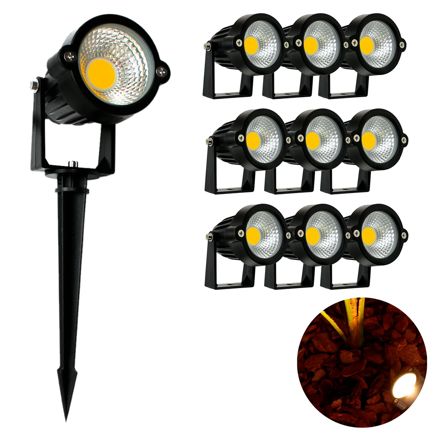 RY Brand Outdoor Garden 10 PCS Dimmable AC-Powered Cool-Warm White-Green Lights Display Black Round COB LED Underground Plastic Stake Lights Sets/Colors-Black/Green/White/Multicolor/Bulbs Included