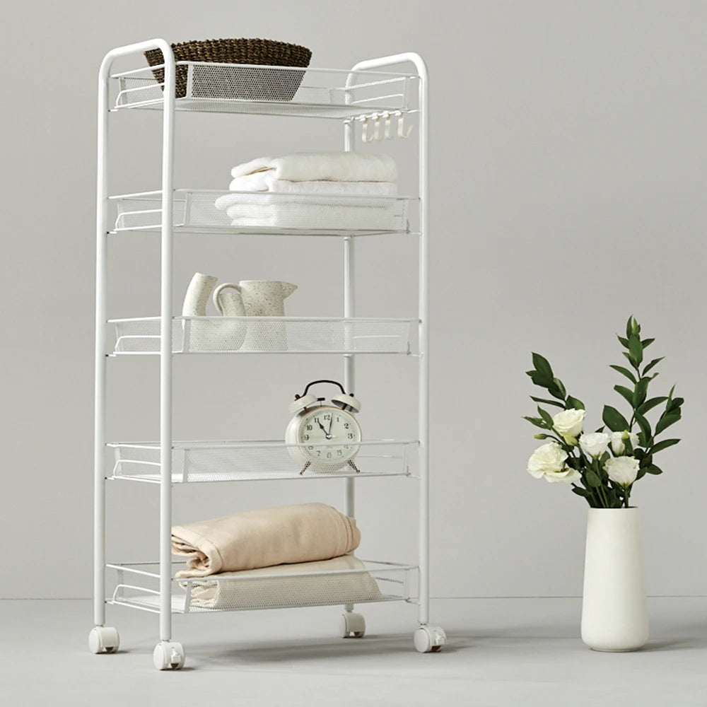Modern White Iron Metal Multi-Layer Shelves Medical Push Handle Removable Racks Utility Carts/Sizes : 3-4-5 Shelves/4 White Plastic Locking Wheels/Hanging File Folders