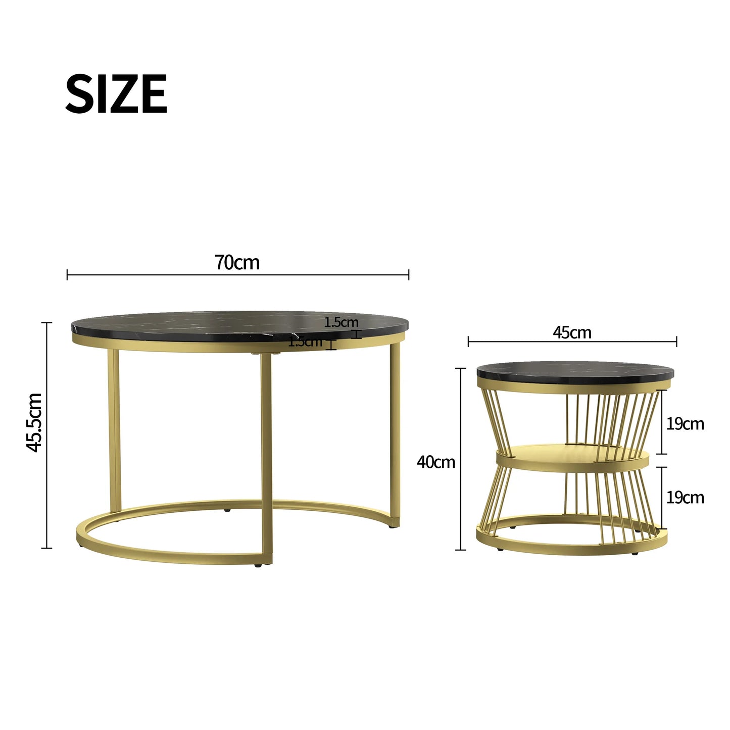 COMANLAI 2 PCS Modern Round High-Gloss White Marble Gray Veins Veneer Top Gold Metal Frame Base Nesting Coffee Table Sets/Colors-Gold-Black/Gold-White