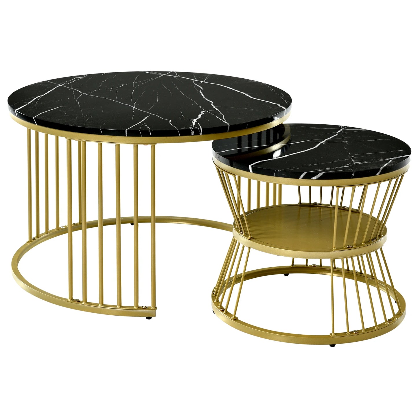COMANLAI 2 PCS Modern Round High-Gloss White Marble Gray Veins Veneer Top Gold Metal Frame Base Nesting Coffee Table Sets/Colors-Gold-Black/Gold-White
