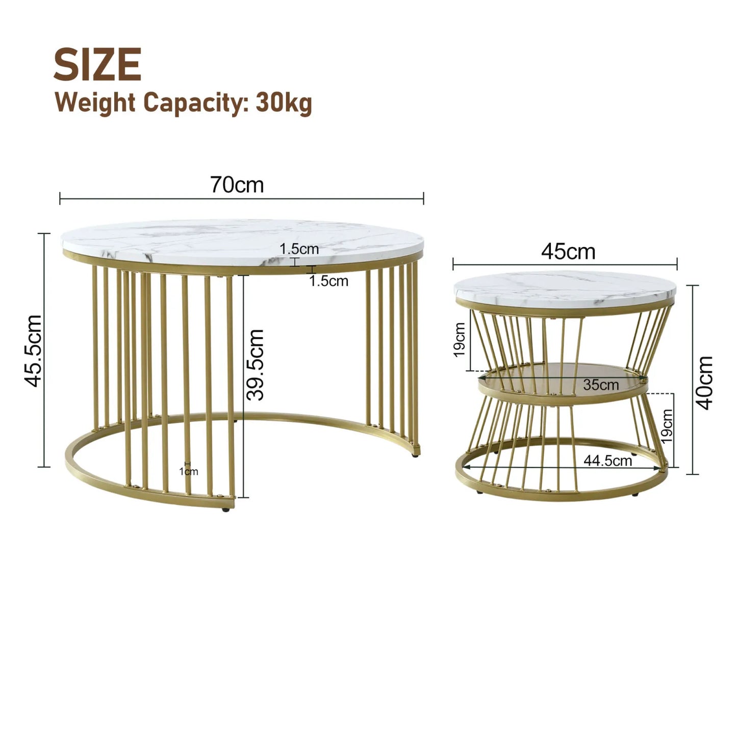 COMANLAI 2 PCS Modern Round High-Gloss White Marble Gray Veins Veneer Top Gold Metal Frame Base Nesting Coffee Table Sets/Colors-Gold-Black/Gold-White