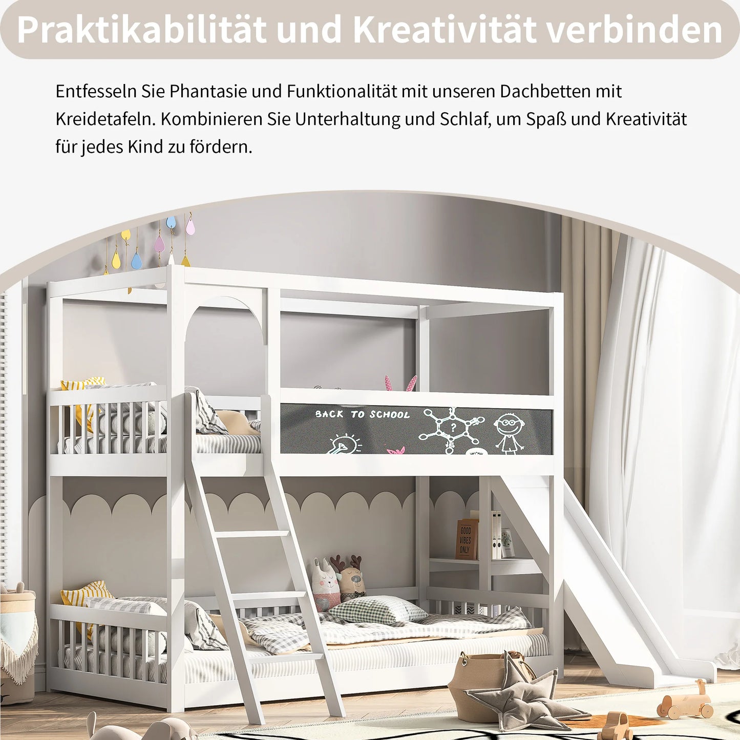 COMANLAI White-Gray Solid Wood Safety Boards Metal Frame Double Bunk Beds /Ladder Stairs/Slides/Chalk Board/Bed Sizes: Single-Double-Twin/Slats-Headboards included/Storage Options