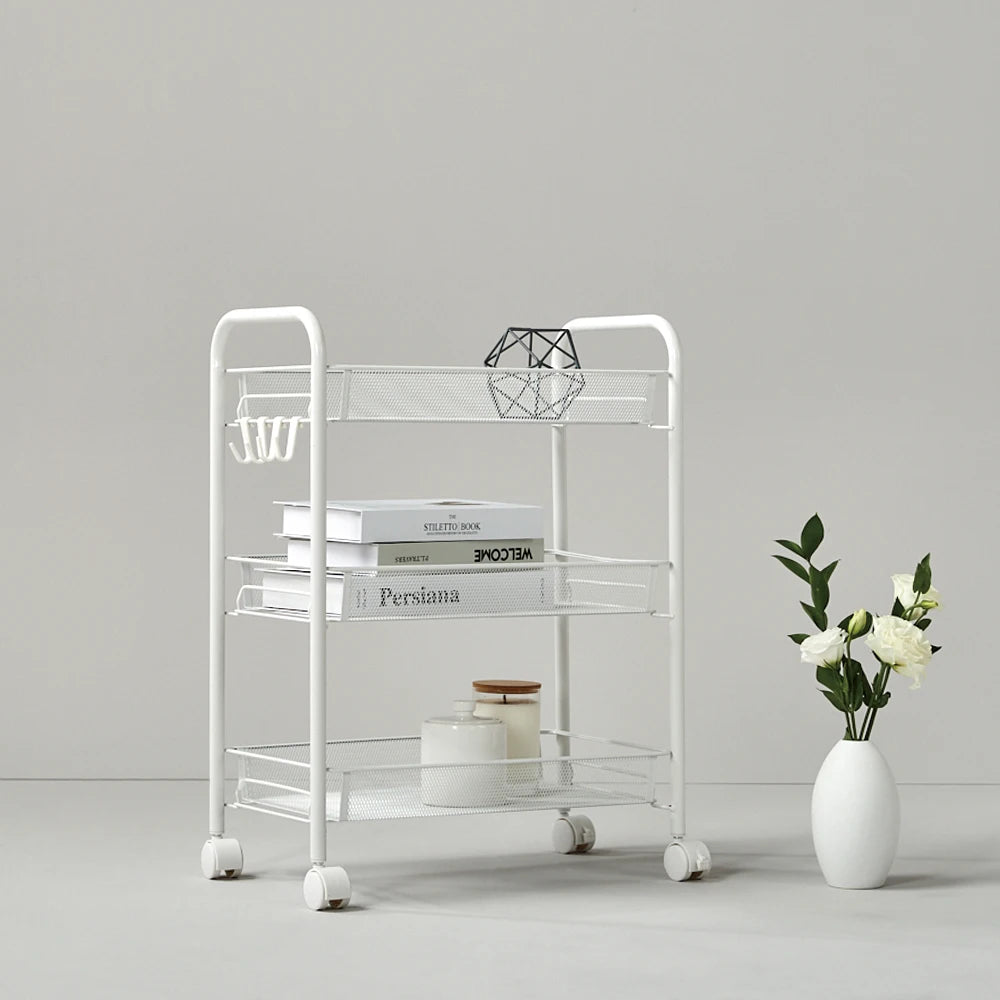 Modern White Iron Metal Multi-Layer Shelves Medical Push Handle Removable Racks Utility Carts/Sizes : 3-4-5 Shelves/4 White Plastic Locking Wheels/Hanging File Folders