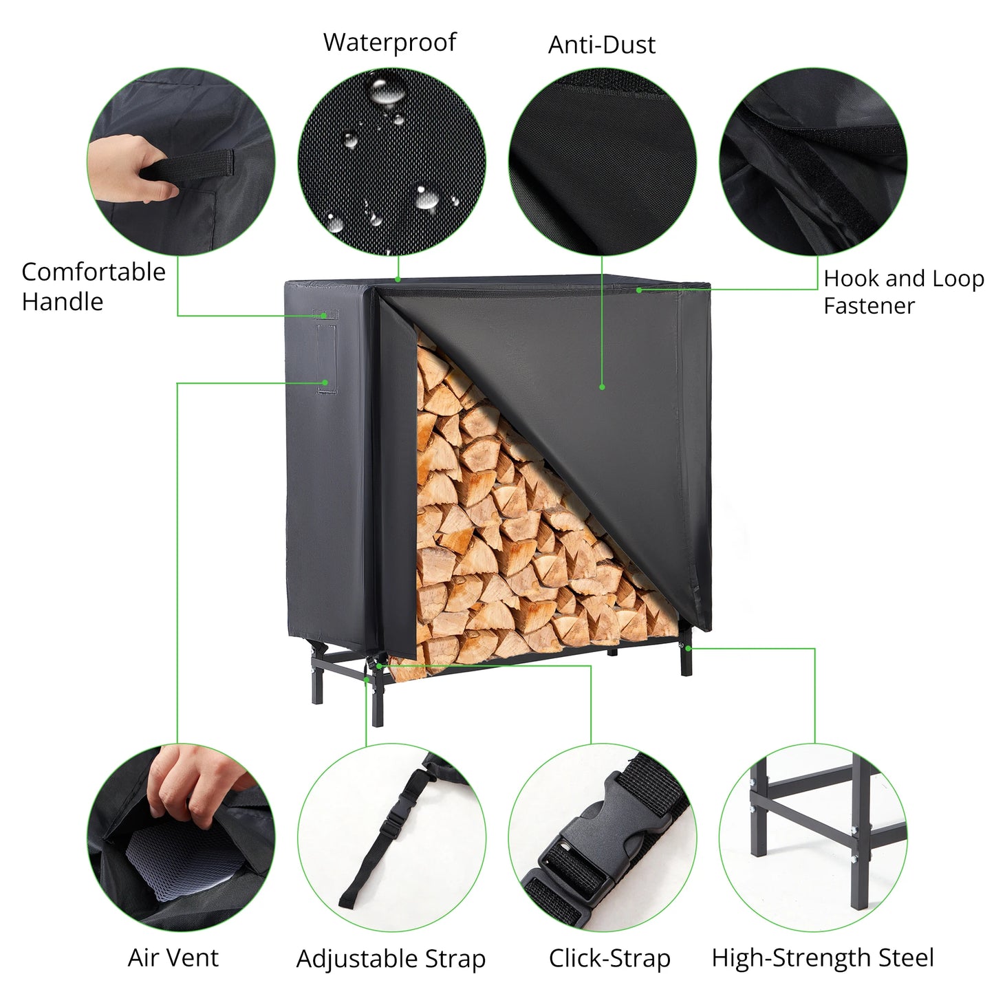 No-EN-Name-Null Indoor-Outdoor Large Black-Gray Waterproof PU Layered Durable Oxford Fabric Cover Unique Bridge Design Metal Frame Firewood Holders/ With Cover/Colors-Black/Gray