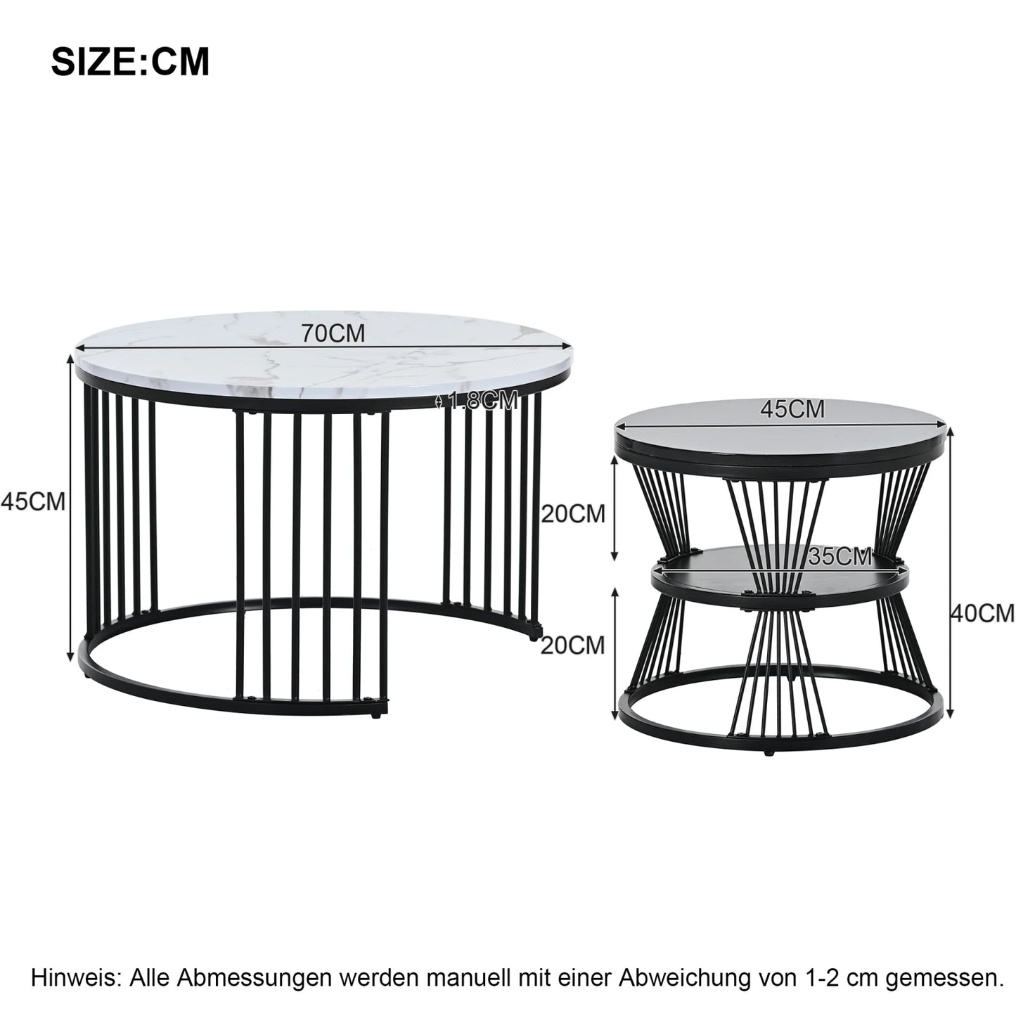 COMANLAI 2 PCS Modern Round High-Gloss White Marble Gray Veins Veneer Top Gold Metal Frame Base Nesting Coffee Table Sets/Colors-Gold-Black/Gold-White