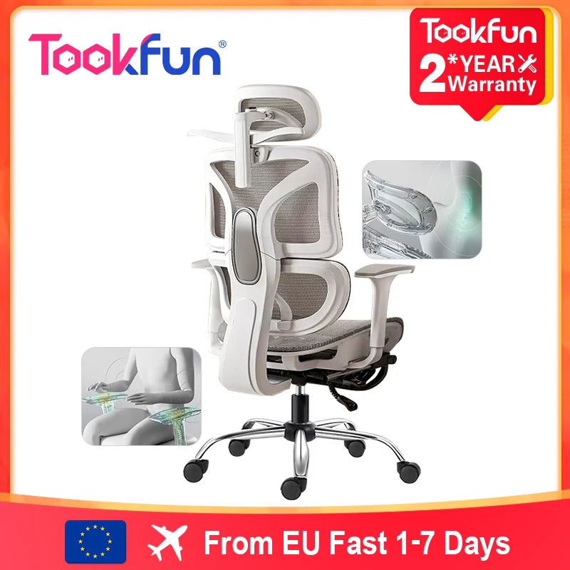 TOOKFUN Ergonomic 3D Adjustable Head Rest-Armrest Comfortable Nylon Mesh Fabric Lumbar Support Gaming-Office Chairs/ Colors-Black, Gray/4 Wheels
