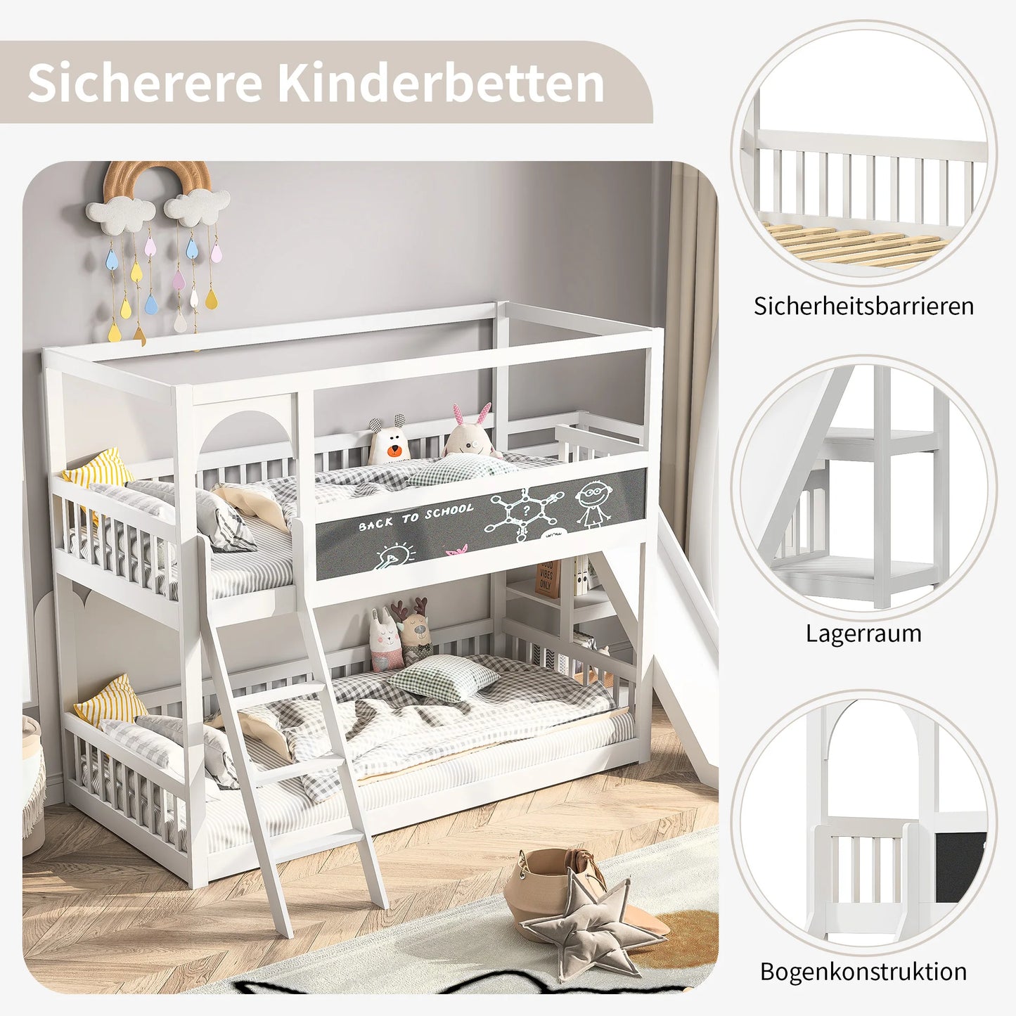 COMANLAI White-Gray Solid Wood Safety Boards Metal Frame Double Bunk Beds /Ladder Stairs/Slides/Chalk Board/Bed Sizes: Single-Double-Twin/Slats-Headboards included/Storage Options