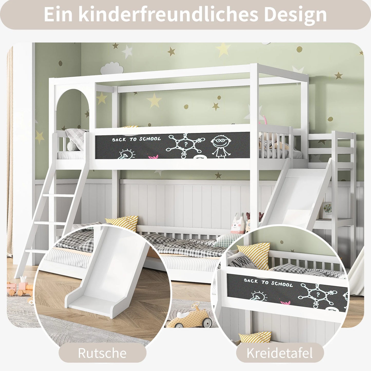 COMANLAI White-Gray Solid Wood Safety Boards Metal Frame Double Bunk Beds /Ladder Stairs/Slides/Chalk Board/Bed Sizes: Single-Double-Twin/Slats-Headboards included/Storage Options