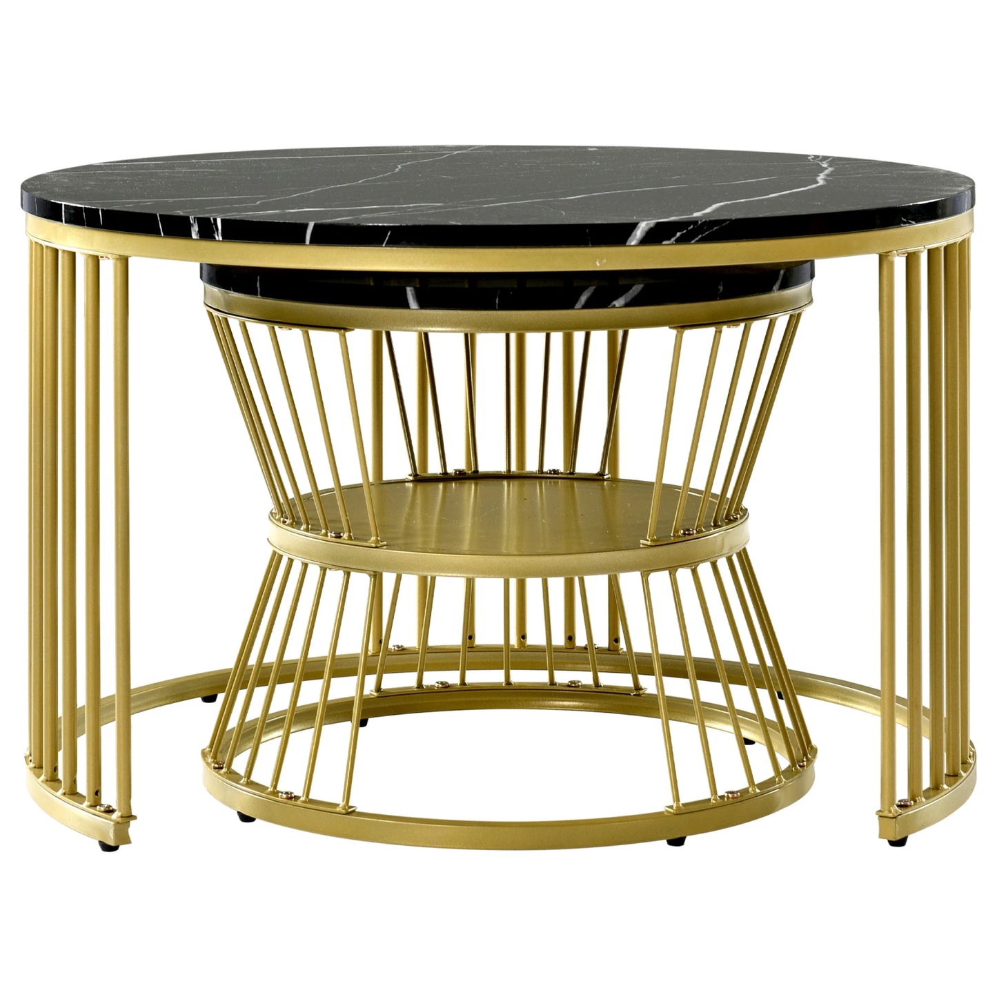 COMANLAI 2 PCS Modern Round High-Gloss White Marble Gray Veins Veneer Top Gold Metal Frame Base Nesting Coffee Table Sets/Colors-Gold-Black/Gold-White