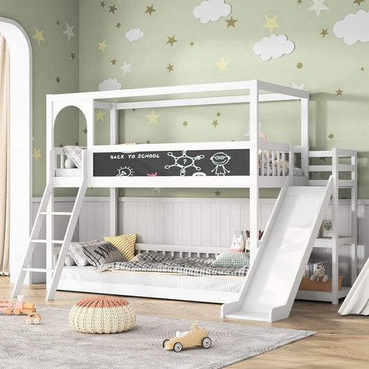 COMANLAI White-Gray Solid Wood Safety Boards Metal Frame Double Bunk Beds /Ladder Stairs/Slides/Chalk Board/Bed Sizes: Single-Double-Twin/Slats-Headboards included/Storage Options